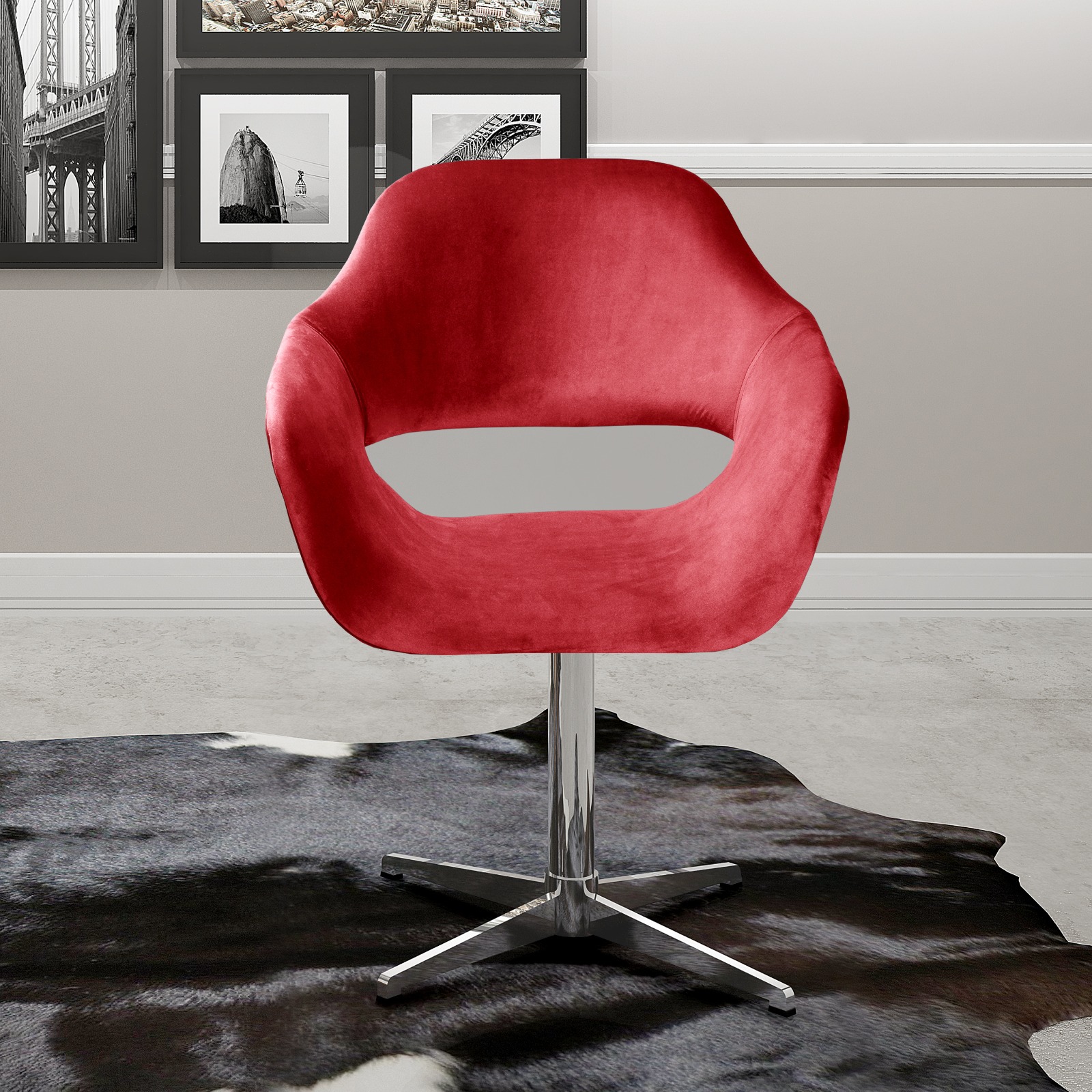 Poltrona Giratória Zara Base Cromada - Suede Vermelho