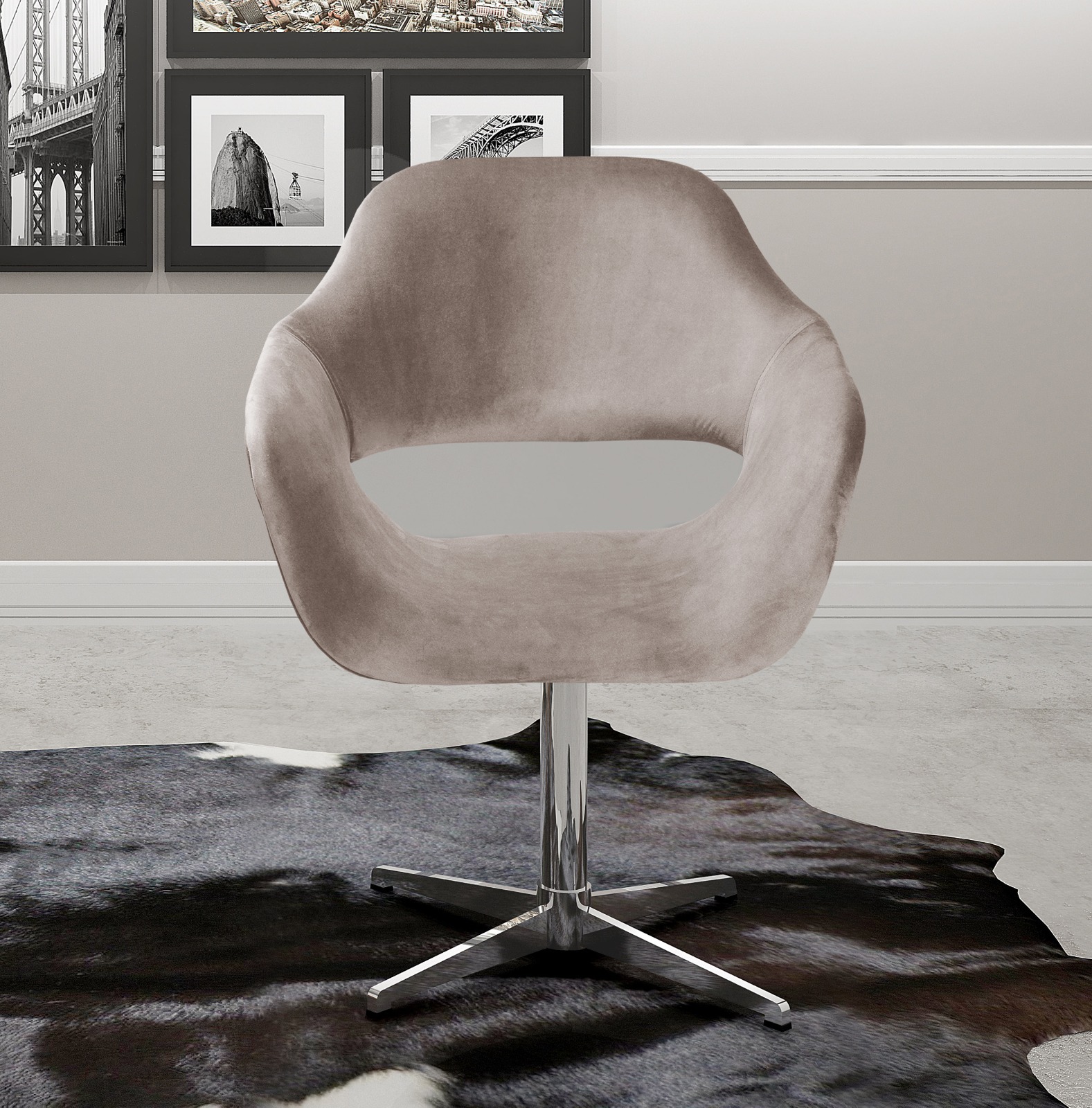 Poltrona Giratória Zara Base Cromada - Veludo Capuccino