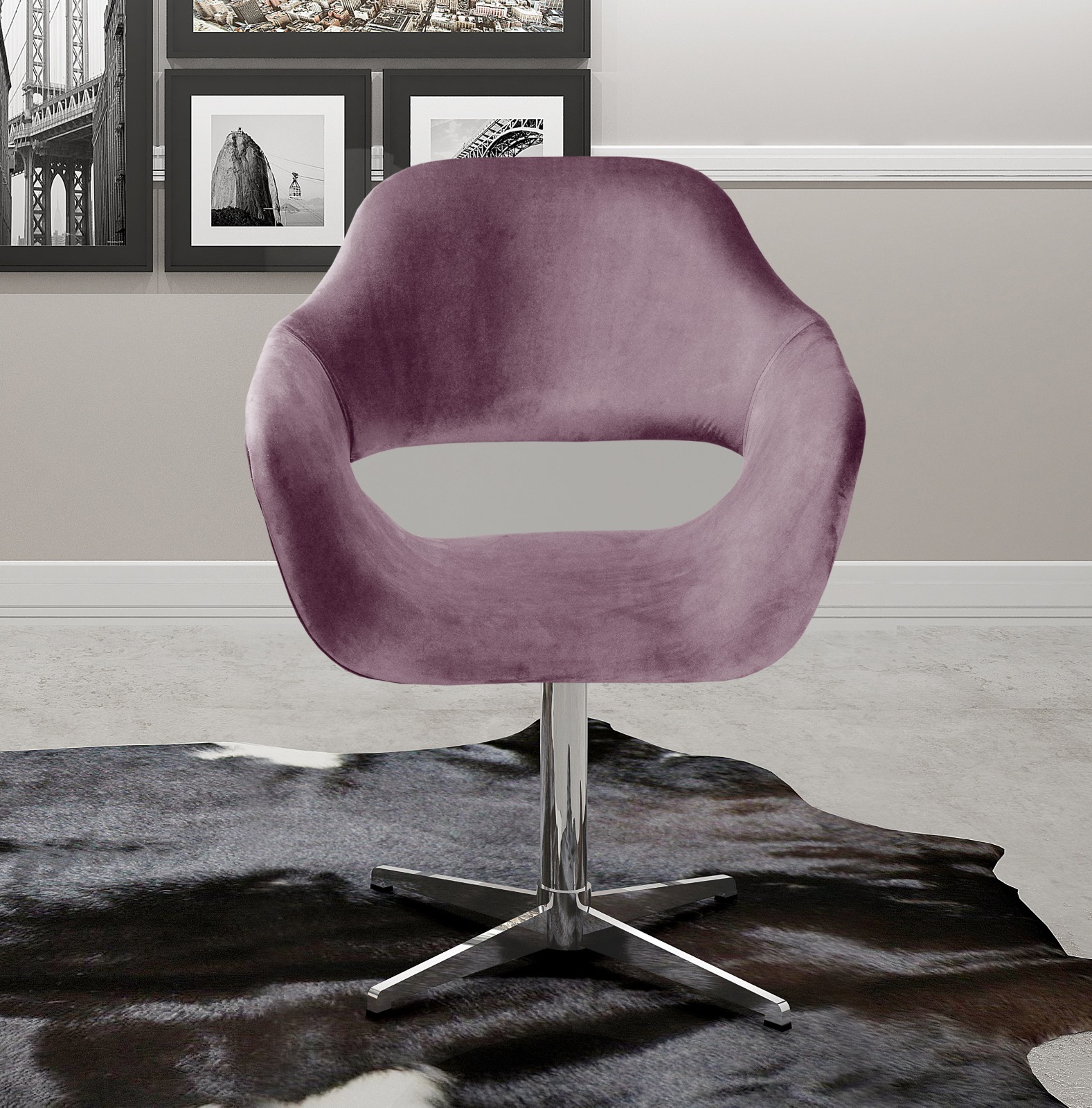 Poltrona Giratória Zara Base Cromada - Veludo Roxo
