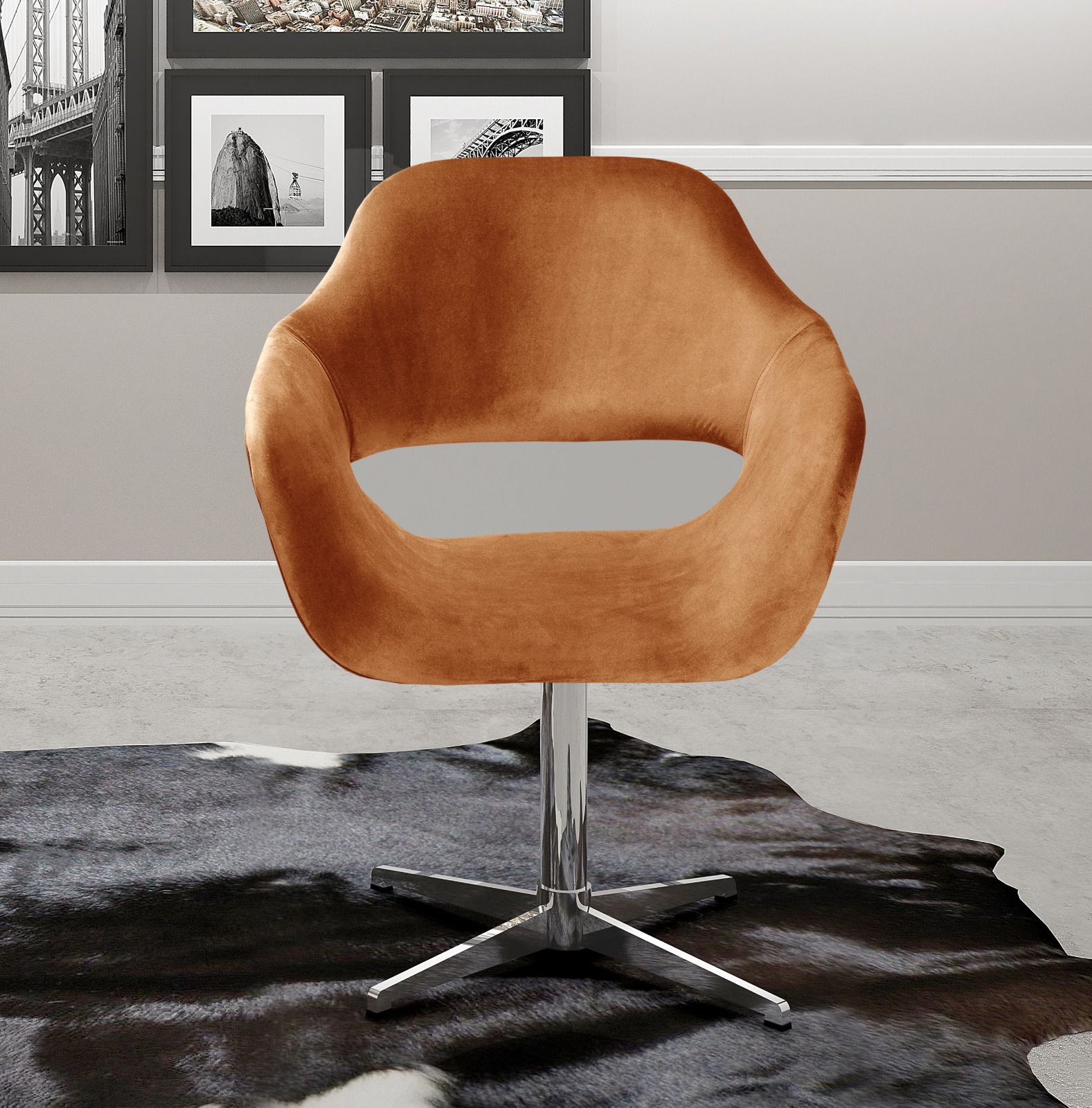 Poltrona Giratória Zara Base Cromada - Veludo Terracota
