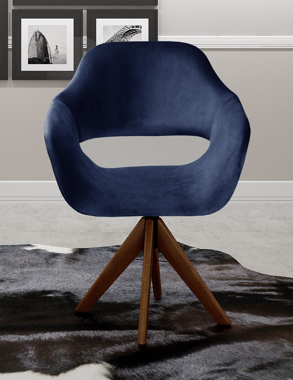 Poltrona Giratória Zara Base Madeira - Suede Azul