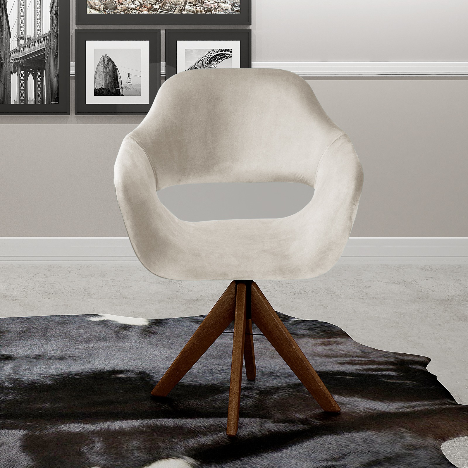 Poltrona Giratória Zara Base Madeira - Suede Bege