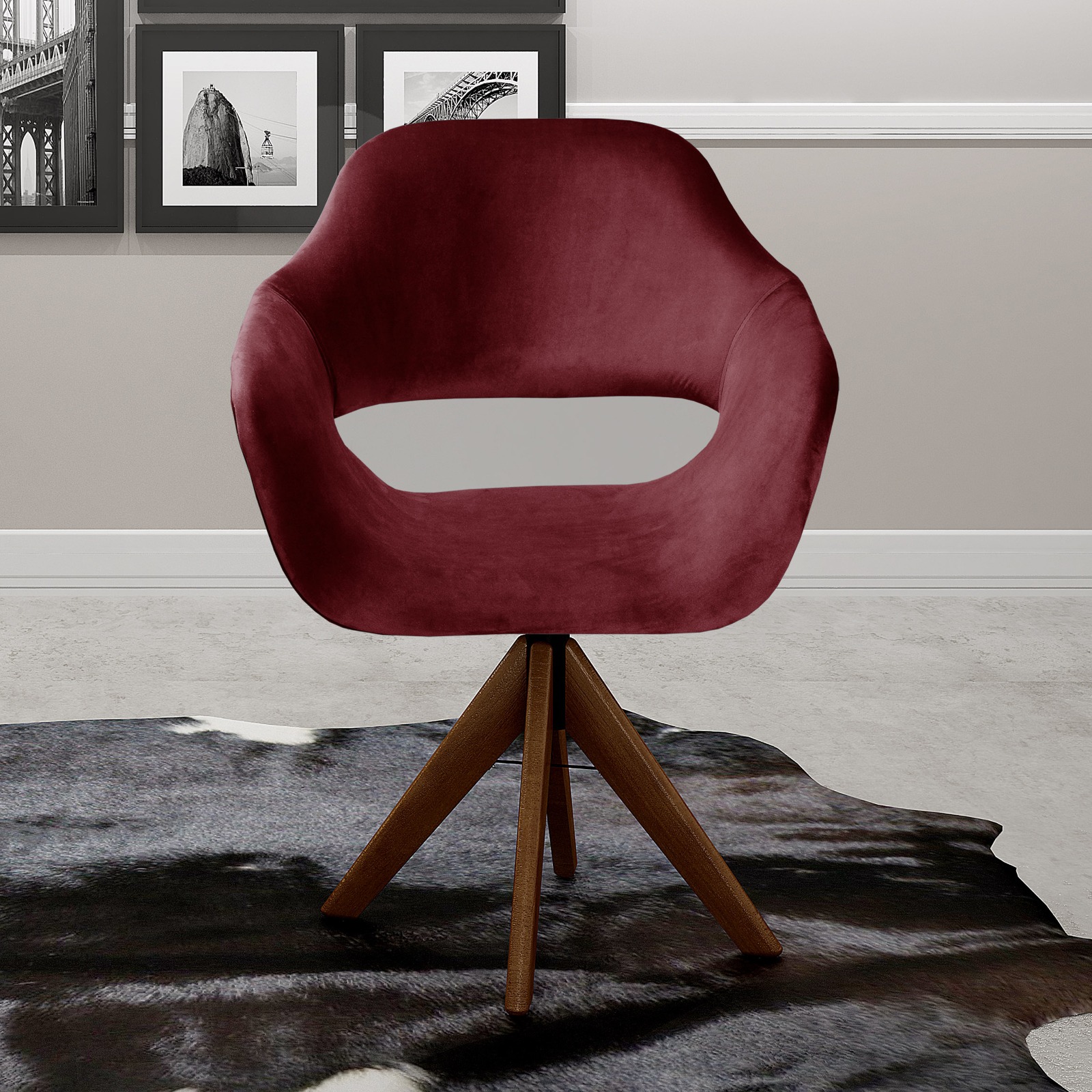 Poltrona Giratória Zara Base Madeira - Suede Bordô