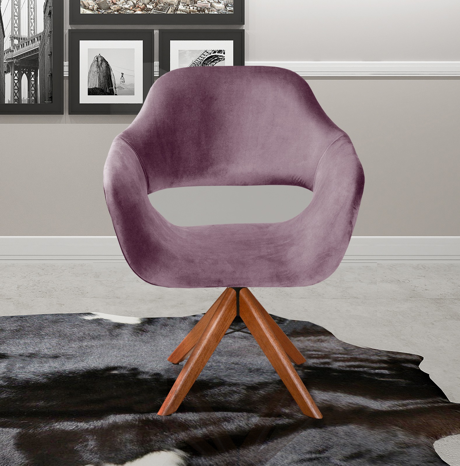 Poltrona Giratória Zara Base Madeira - Veludo Roxo