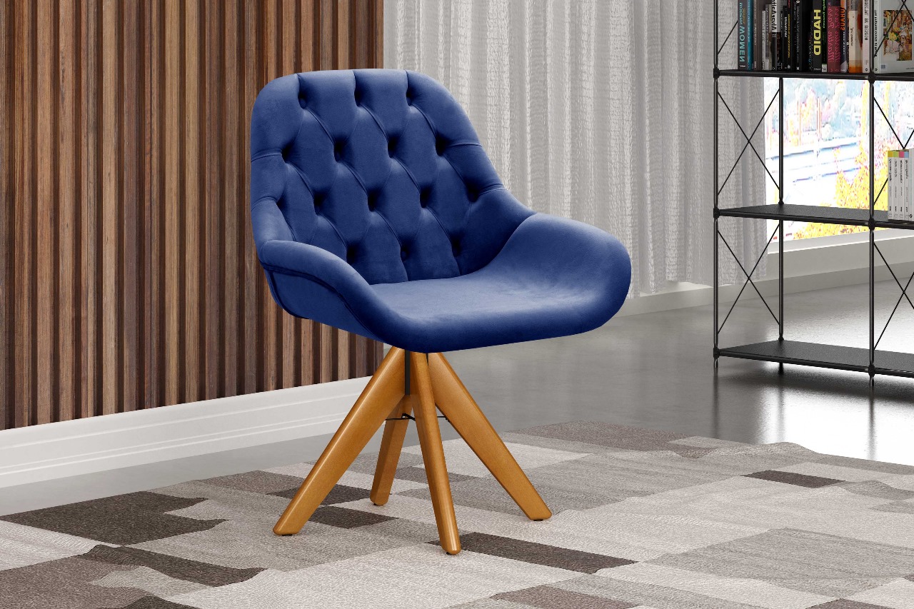 Poltrona Lua Botonê Pé Giratório De Madeira - Suede Azul Marinho