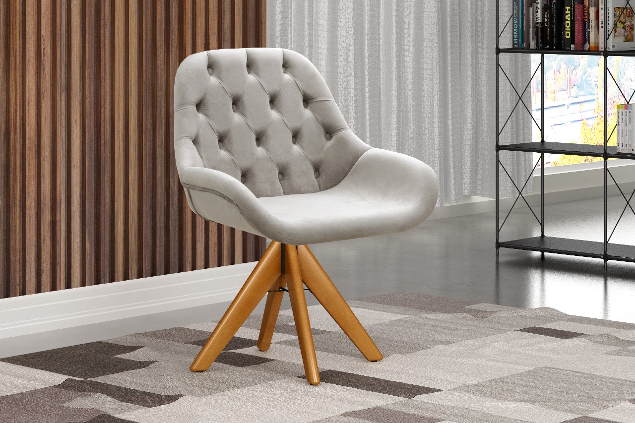Poltrona Lua Botonê Pé Giratório De Madeira - Suede Bege Claro