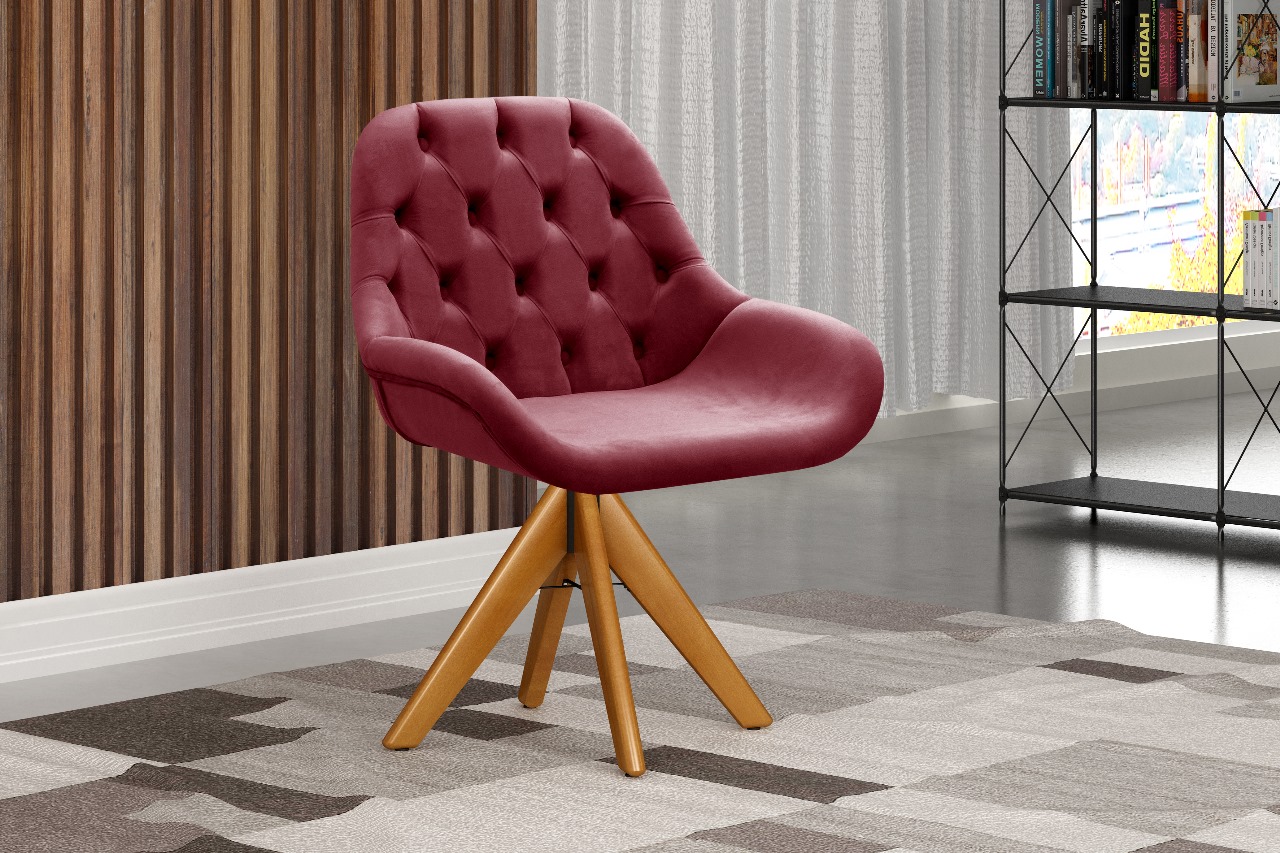 Poltrona Lua Botonê Pé Giratório De Madeira - Suede Bordô