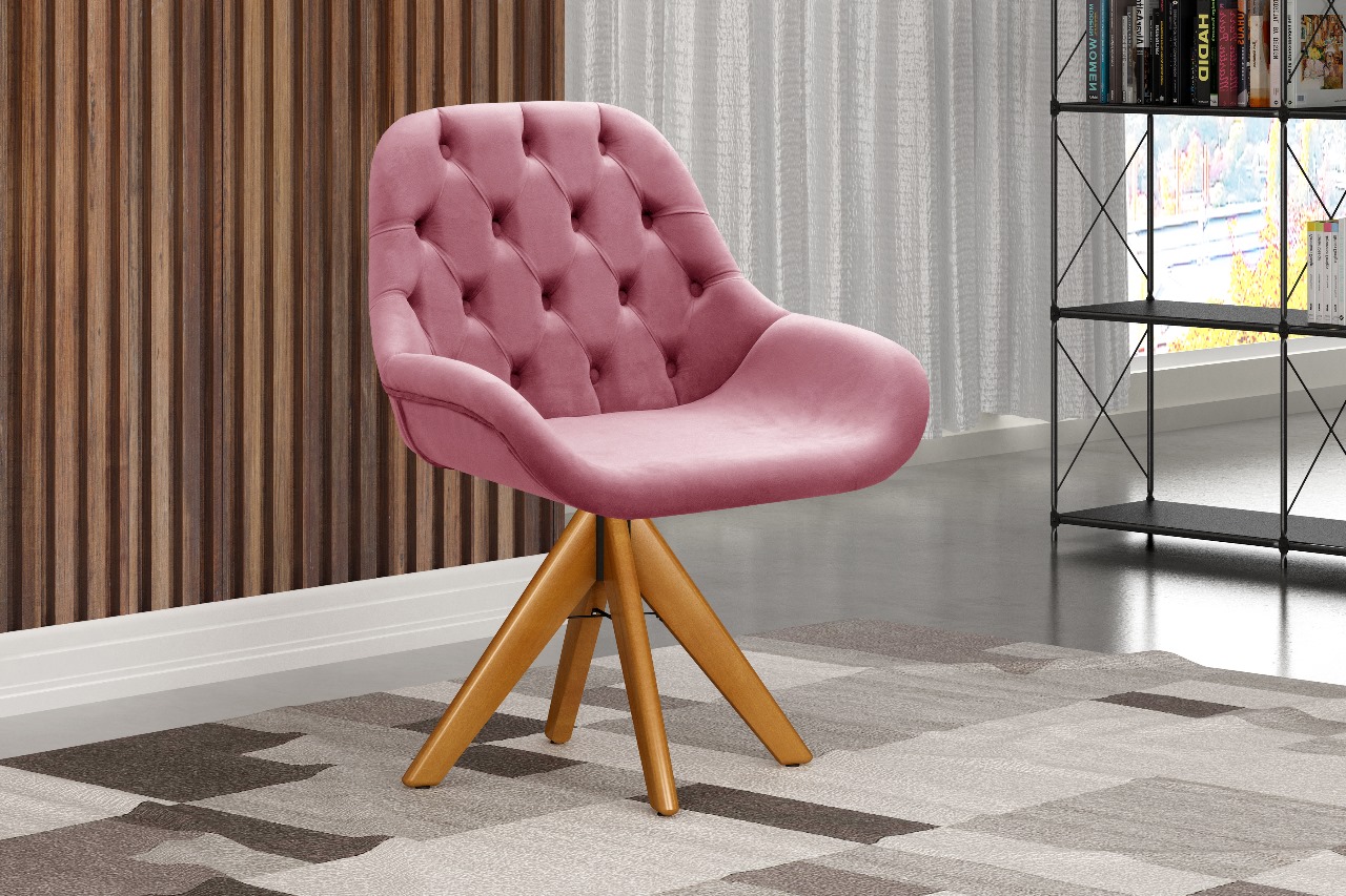Poltrona Lua Botonê Pé Giratório De Madeira - Suede Rosa