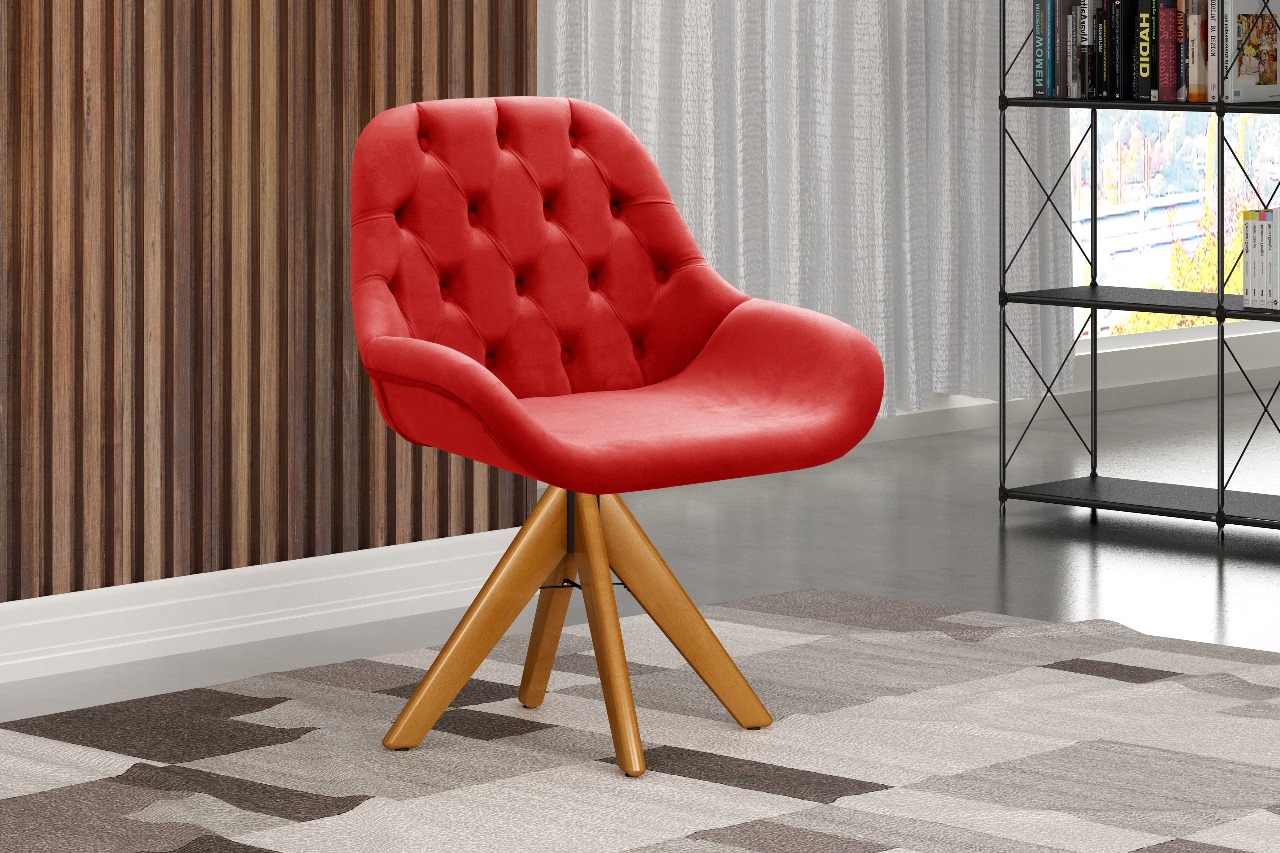 Poltrona Lua Botonê Pé Giratório De Madeira - Suede Vermelho