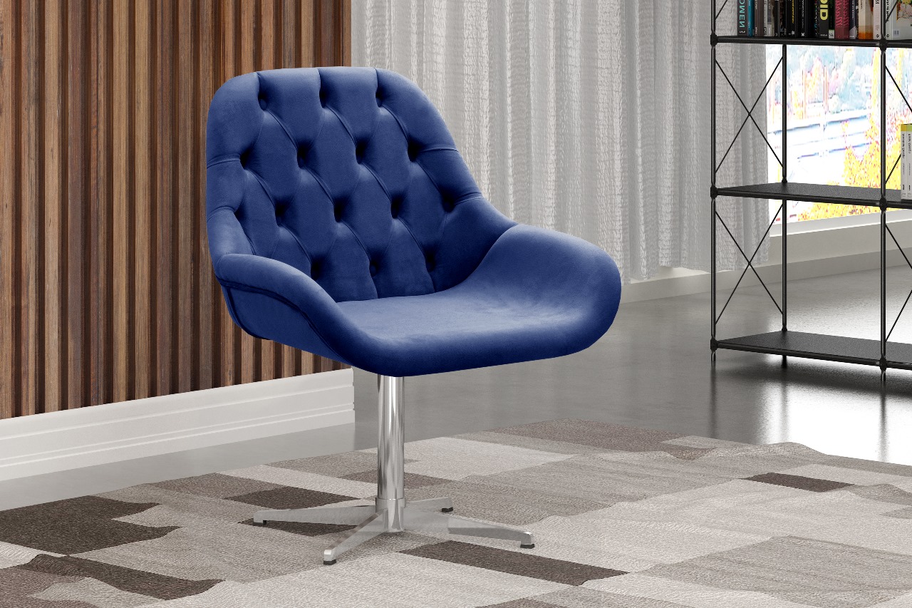 Poltrona Lua Botonê Pé Giratório De Metal - Suede Azul Marinho