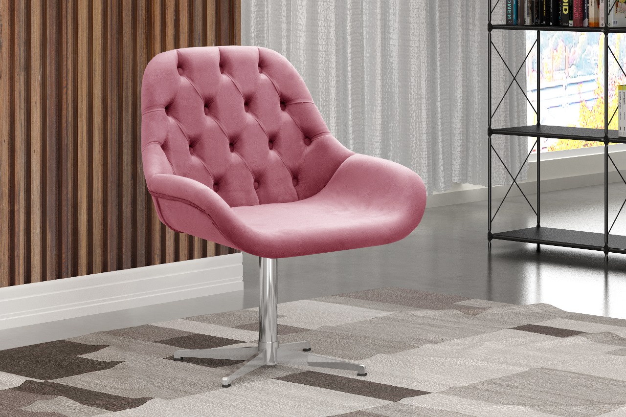 Poltrona Lua Botonê Pé Giratório De Metal - Suede Rosa