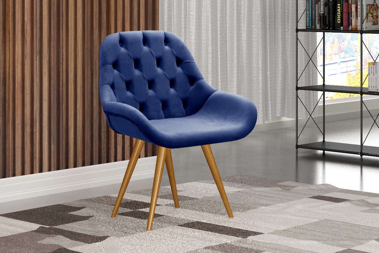 Poltrona Lua Botonê Pé Palito - Suede Azul Marinho