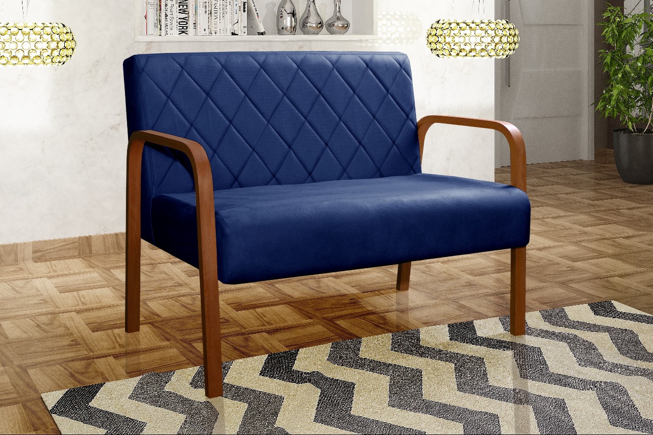 Poltrona Namoradeira 2 Lugares Lara - Suede Azul Marinho