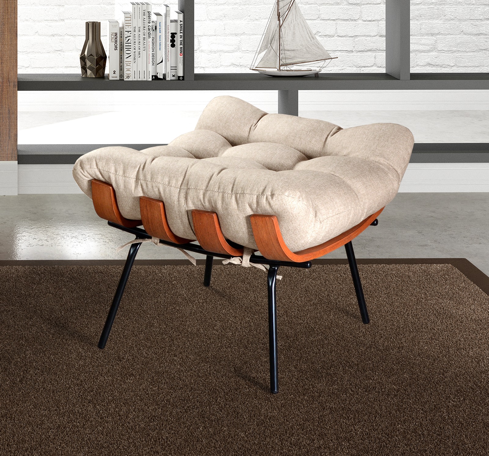 Puff Costela Base Fixa - Linho Bege