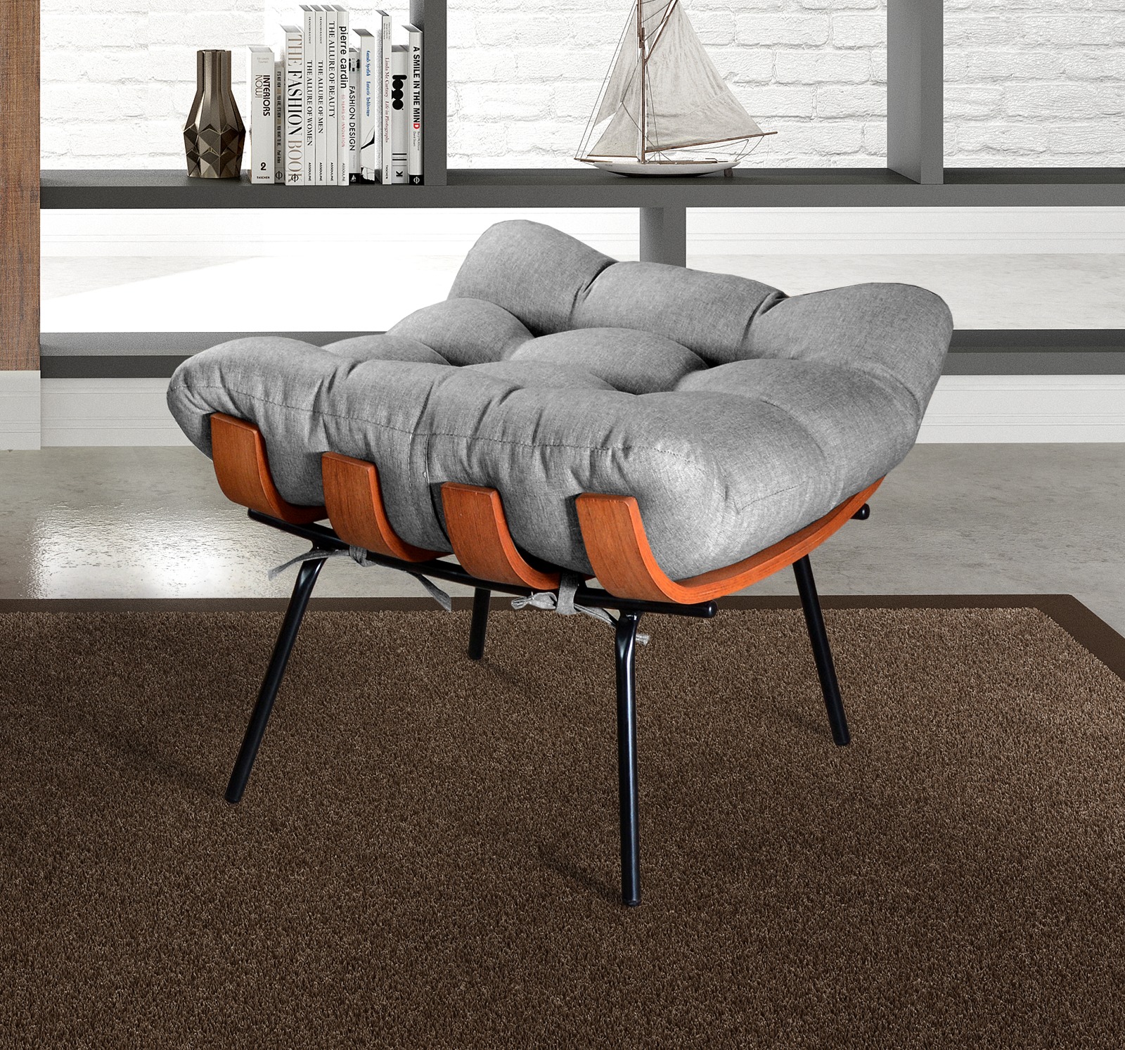 Puff Costela Base Fixa - Linho Cinza