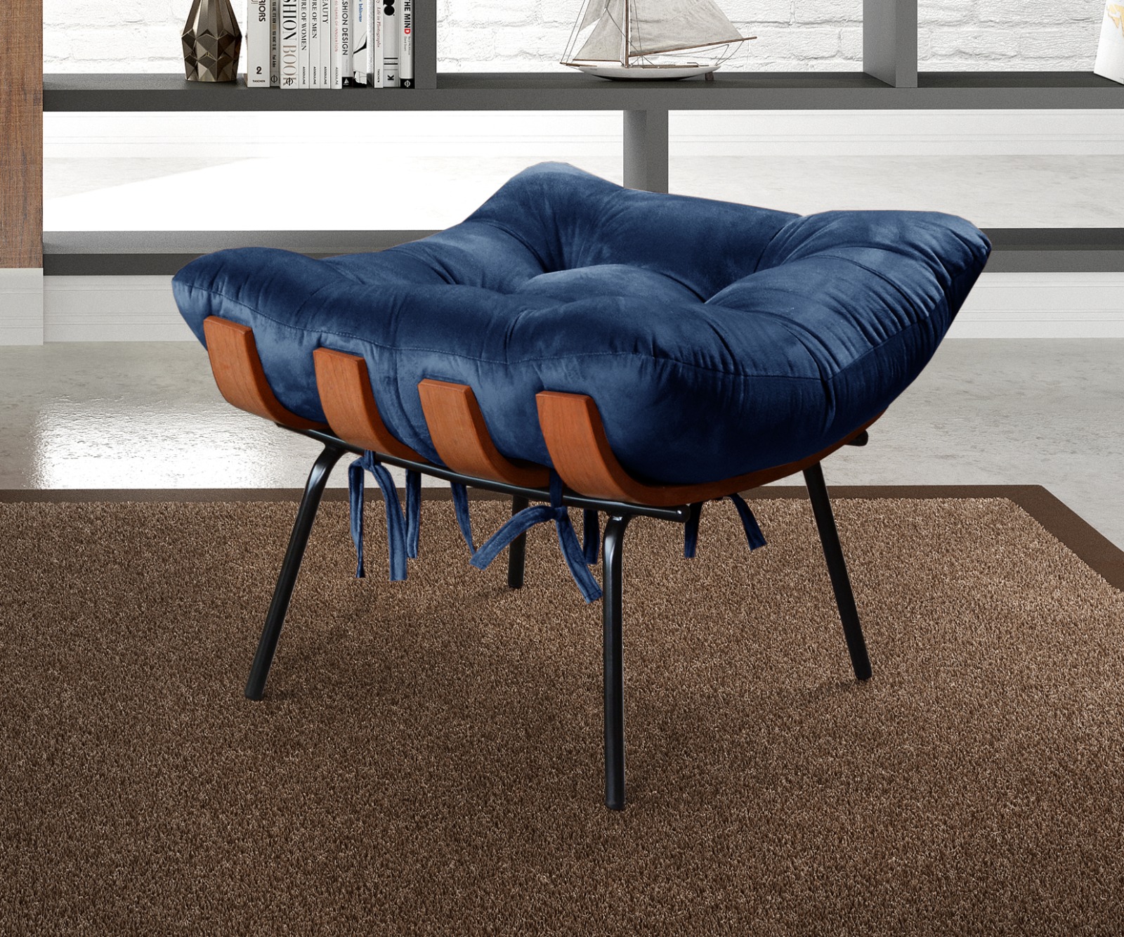 Puff Costela Base Fixa - Suede Azul