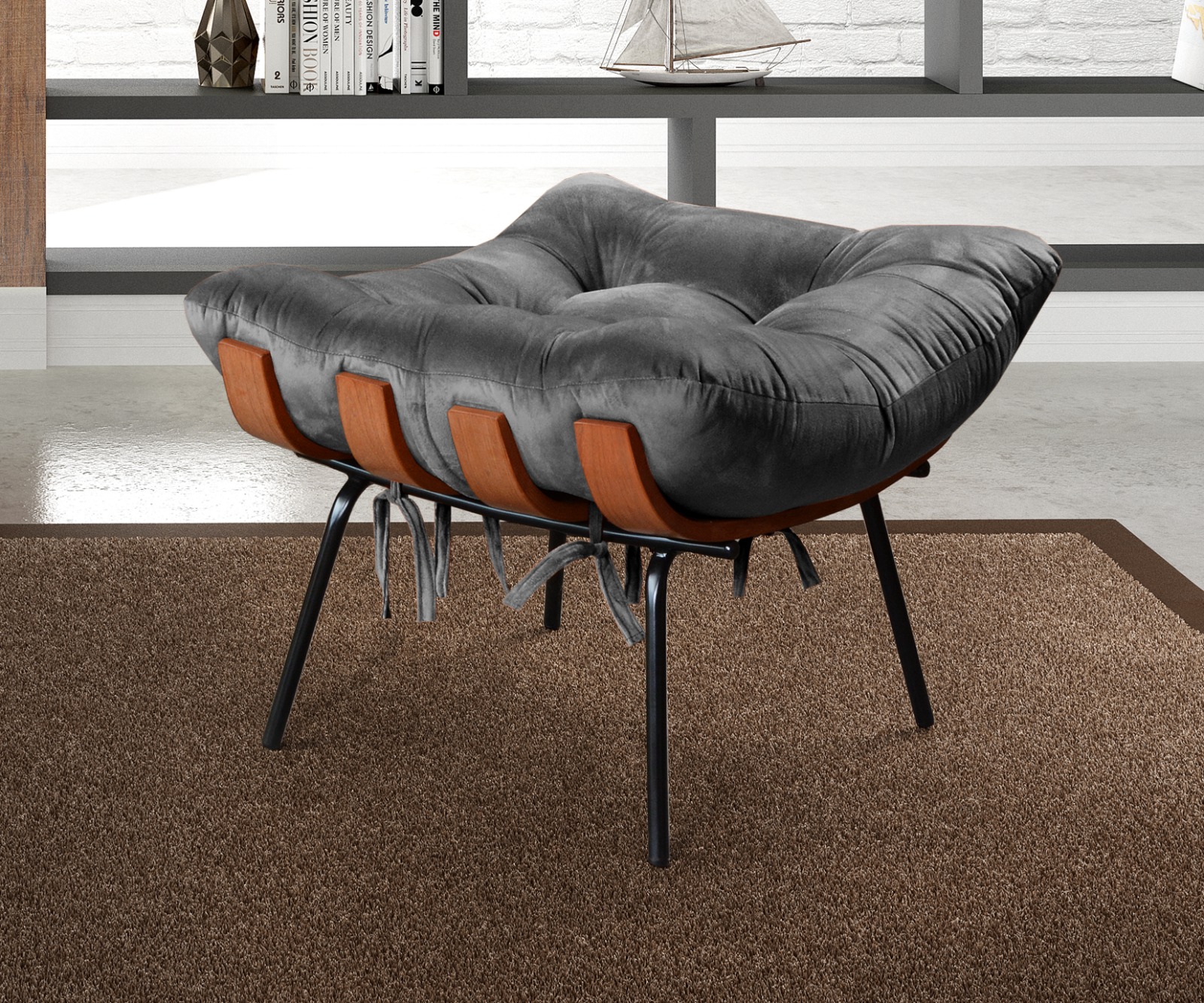 Puff Costela Base Fixa - Suede Cinza