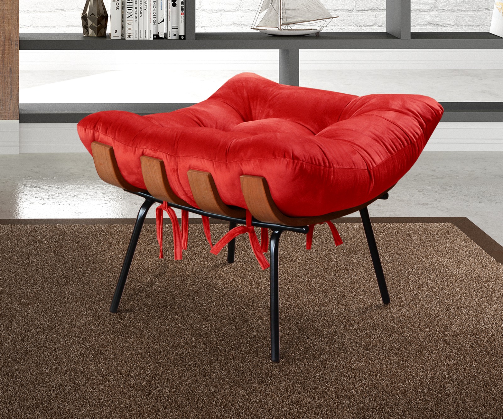 Puff Costela Base Fixa - Suede Vermelho