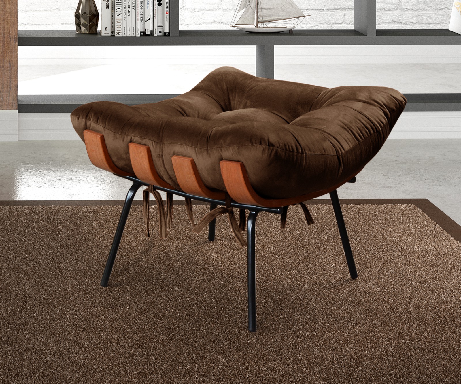 Puff Costela Base Fixa - Veludo Marrom