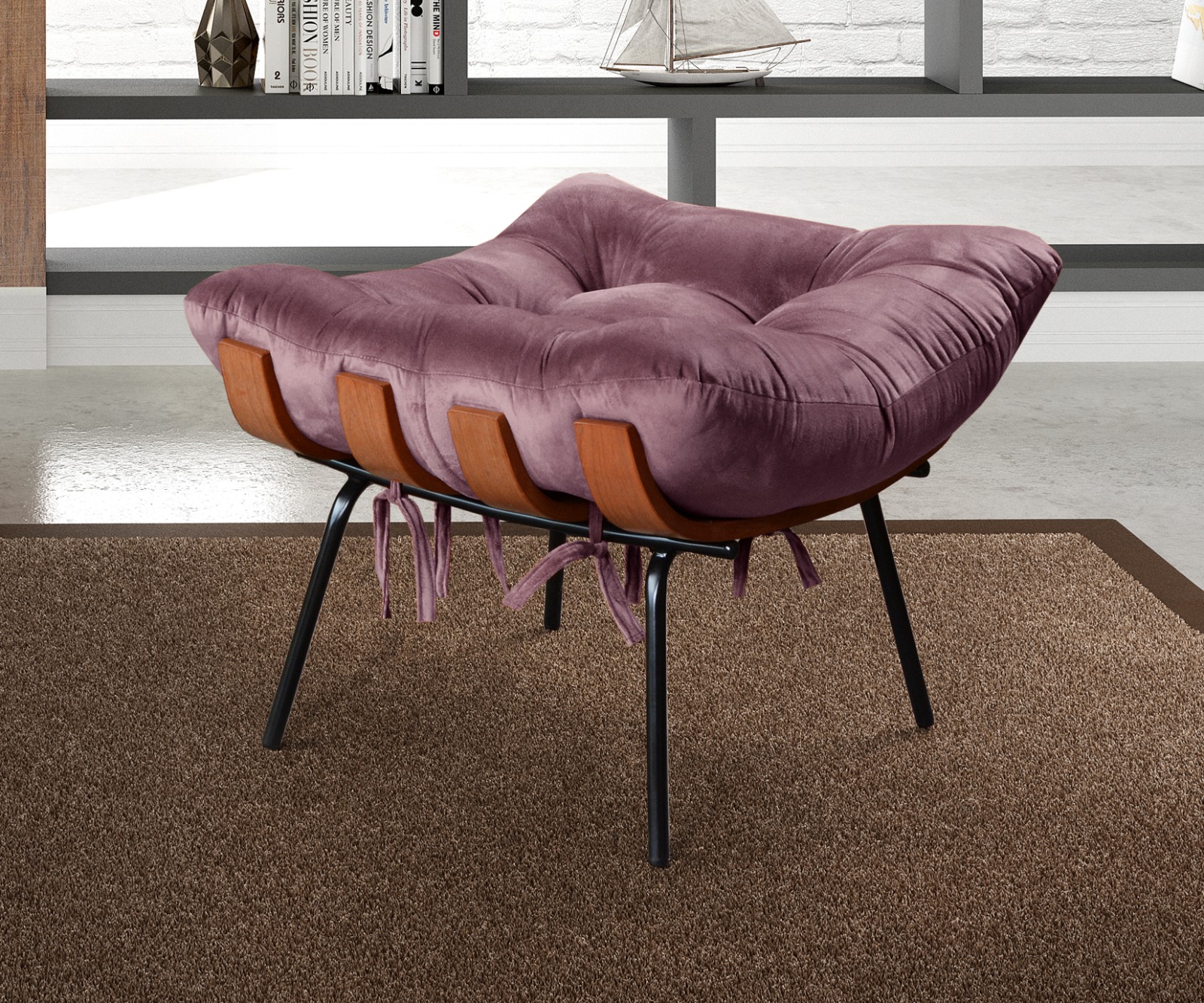 Puff Costela Base Fixa - Veludo Roxo