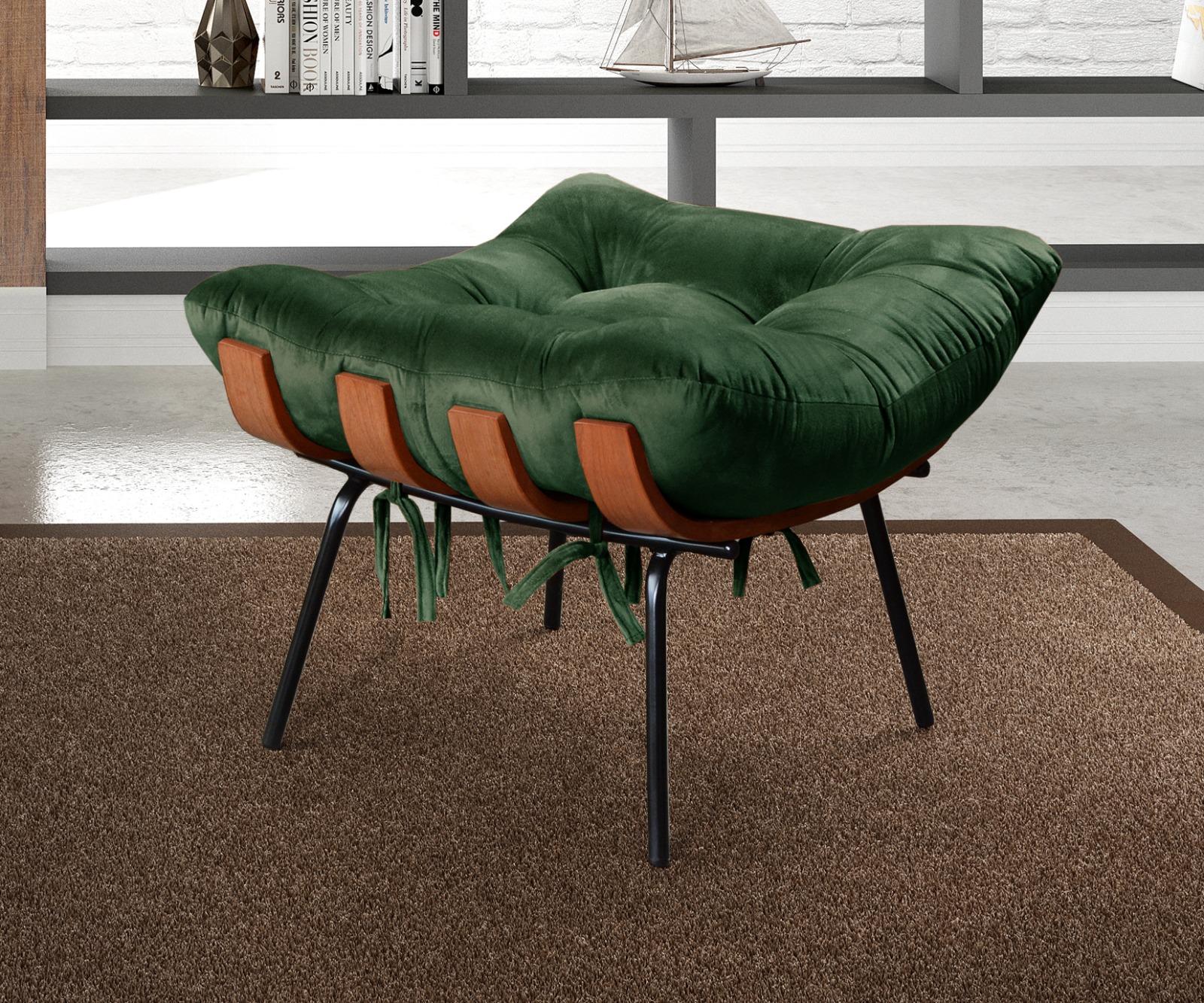 Puff Costela Base Fixa - Veludo Verde