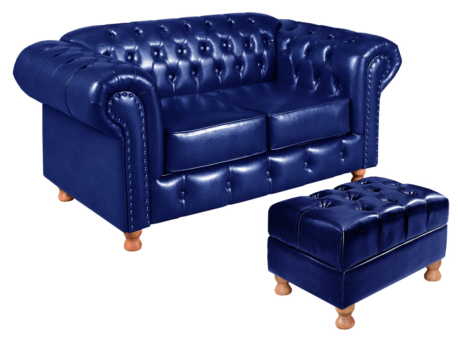 Sofá 2 Lugares Chesterfield Capitonê Com Puff Decorativo Luís Xv Apoio De Pés - Couríssimo Azul
