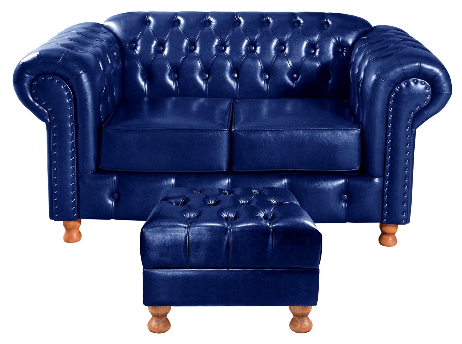Sofá 2 Lugares Chesterfield Capitonê Com Puff Decorativo Luís Xv Apoio De Pés - Couríssimo Azul