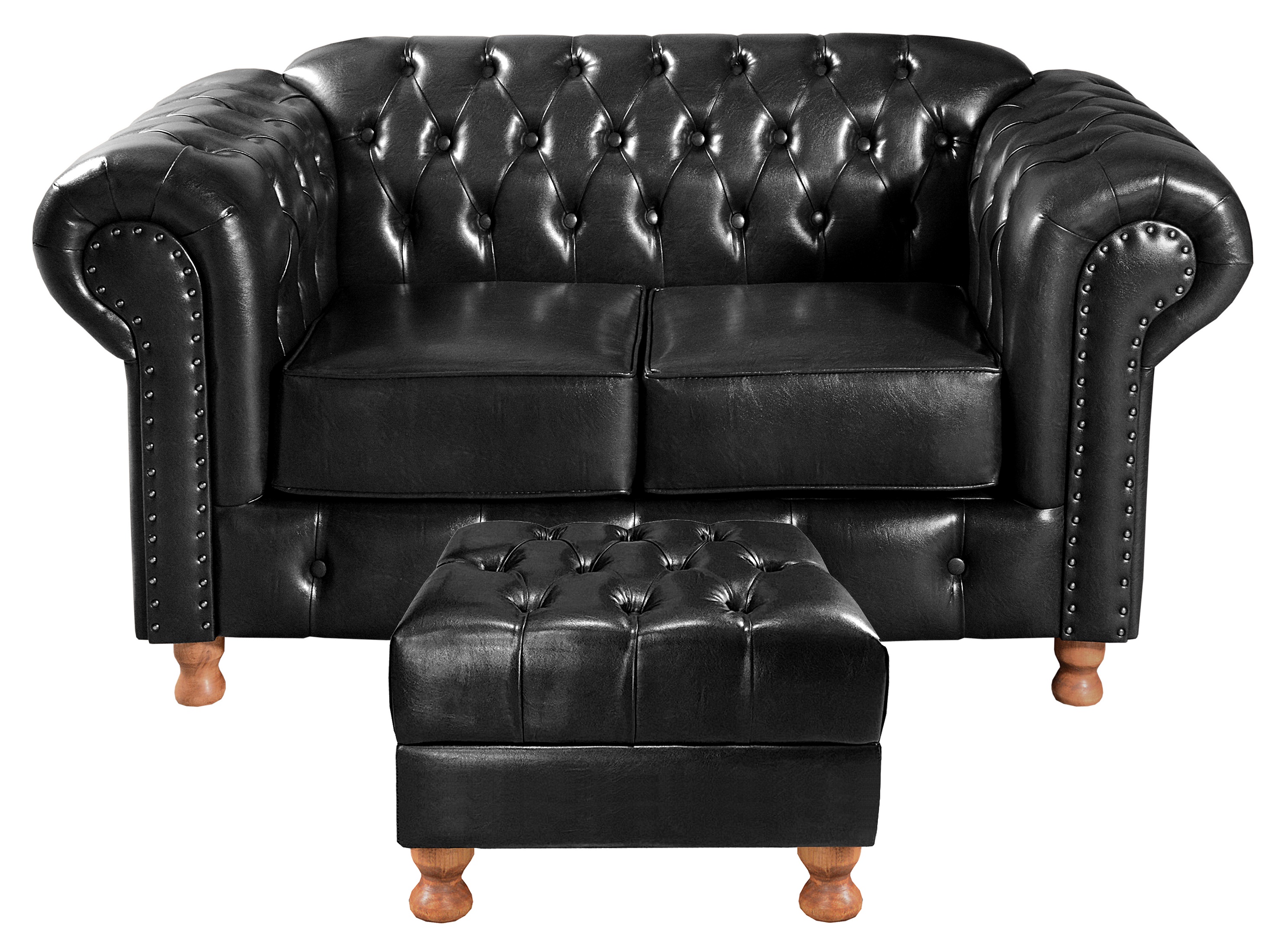 Sofá 2 Lugares Chesterfield Capitonê Com Puff Decorativo Luís Xv Apoio De Pés - Couríssimo Preto