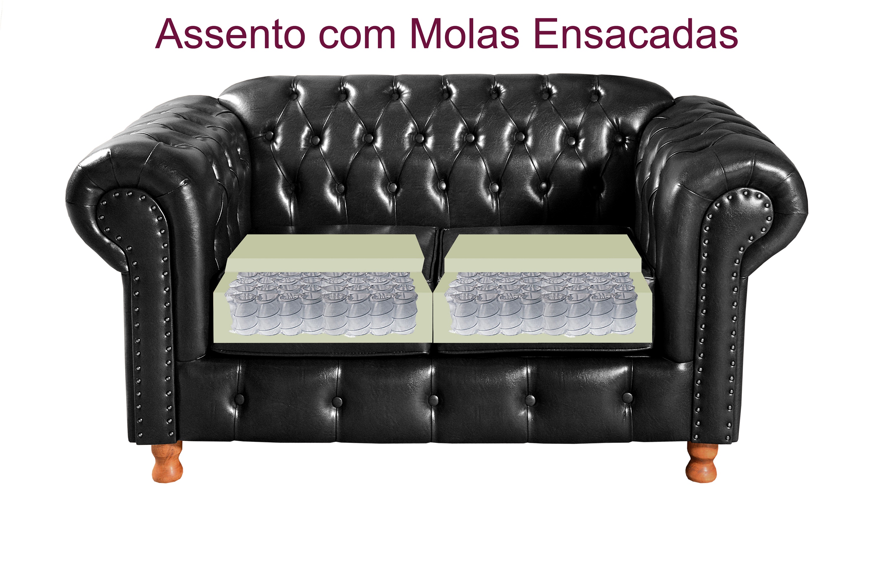 Sofá 2 Lugares Chesterfield Capitonê Com Puff Decorativo Luís Xv Apoio De Pés - Couríssimo Preto