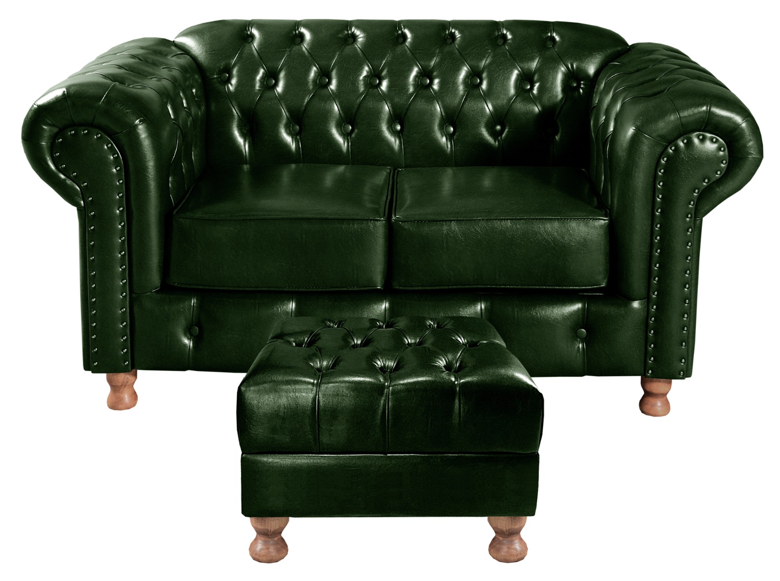 Sofá 2 Lugares Chesterfield Capitonê Com Puff Decorativo Luís Xv Apoio De Pés - Couríssimo Verde