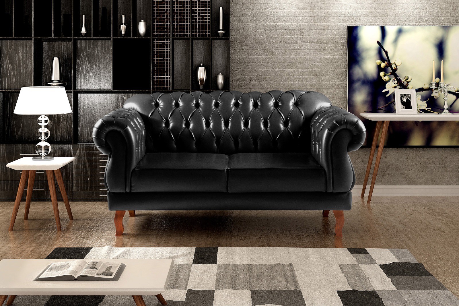 Sofá 2 Lugares Chesterfield Capitonê Duquesa Clássico - Couríssimo Preto