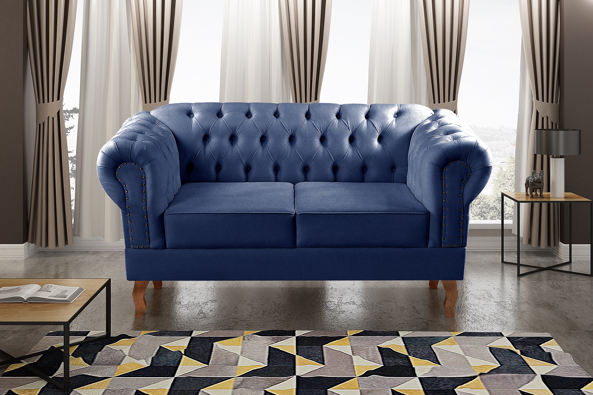Sofá 2 Lugares Dom Pedro Chesterfield Capitonê Retrô - Suede Azul Marinho