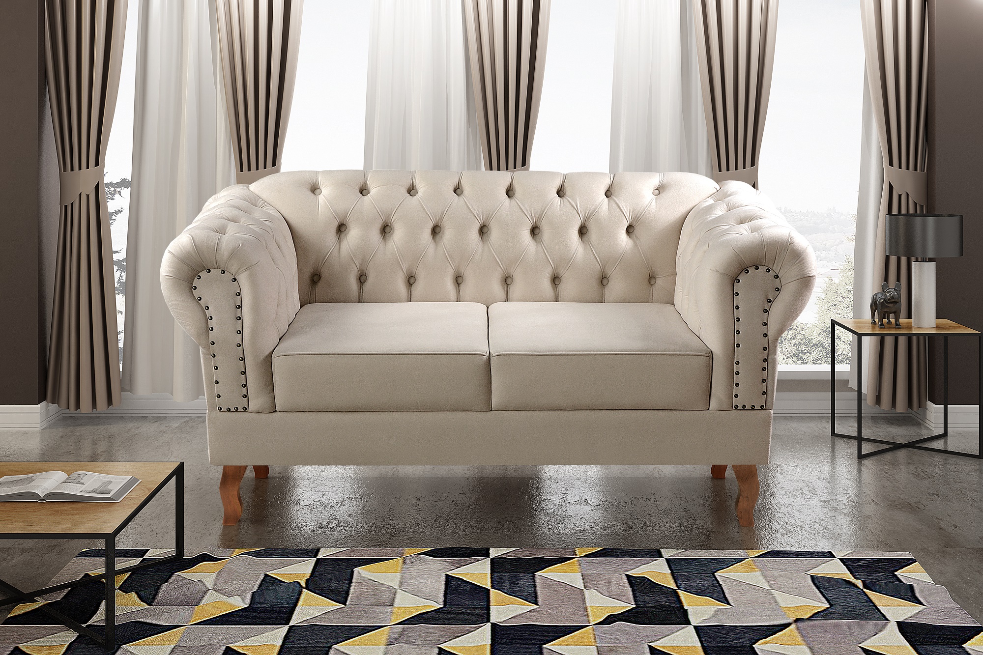 Sofá 2 Lugares Dom Pedro Chesterfield Capitonê Retrô - Suede Bege