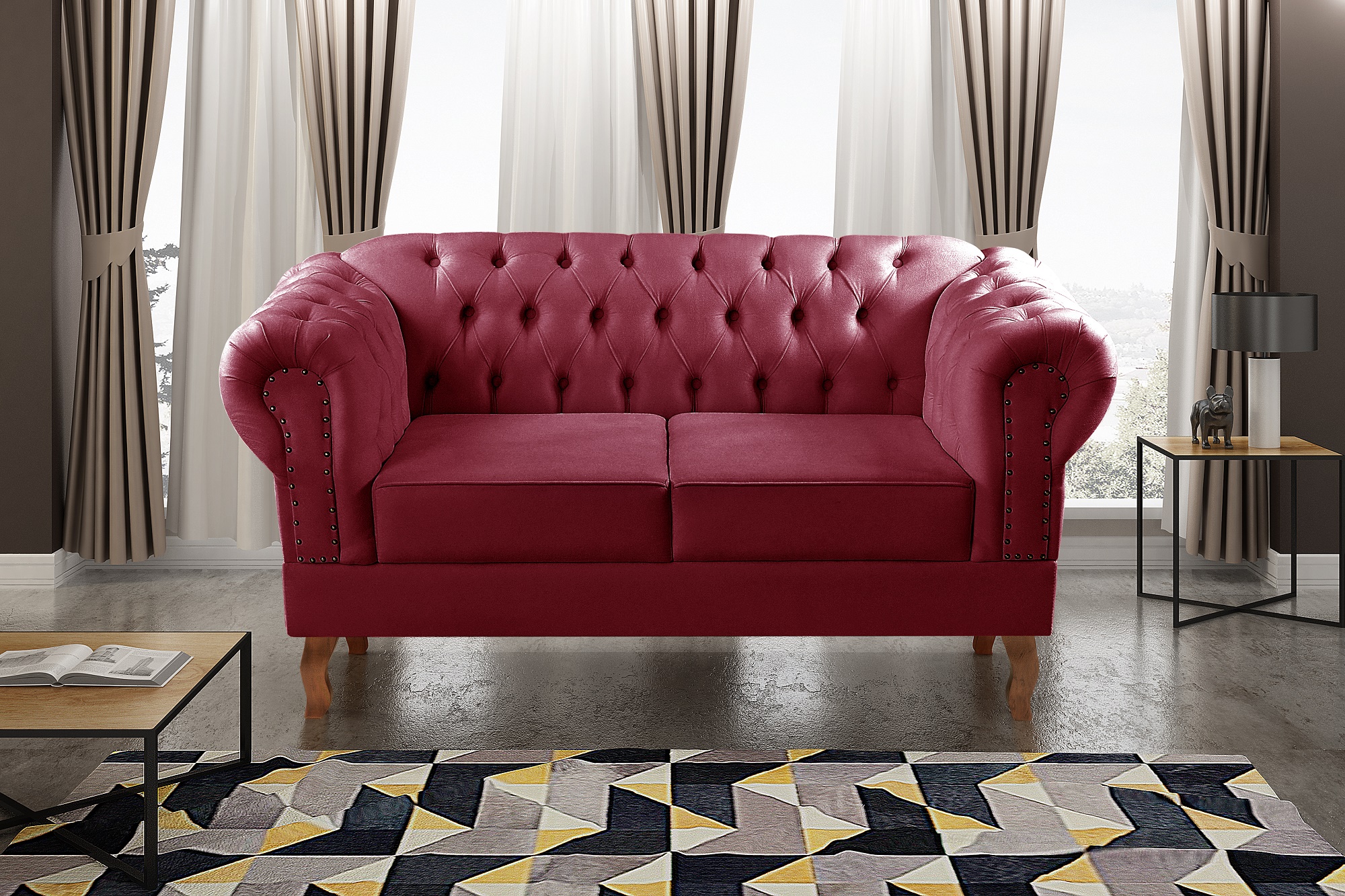 Sofá 2 Lugares Dom Pedro Chesterfield Capitonê Retrô - Suede Bordô