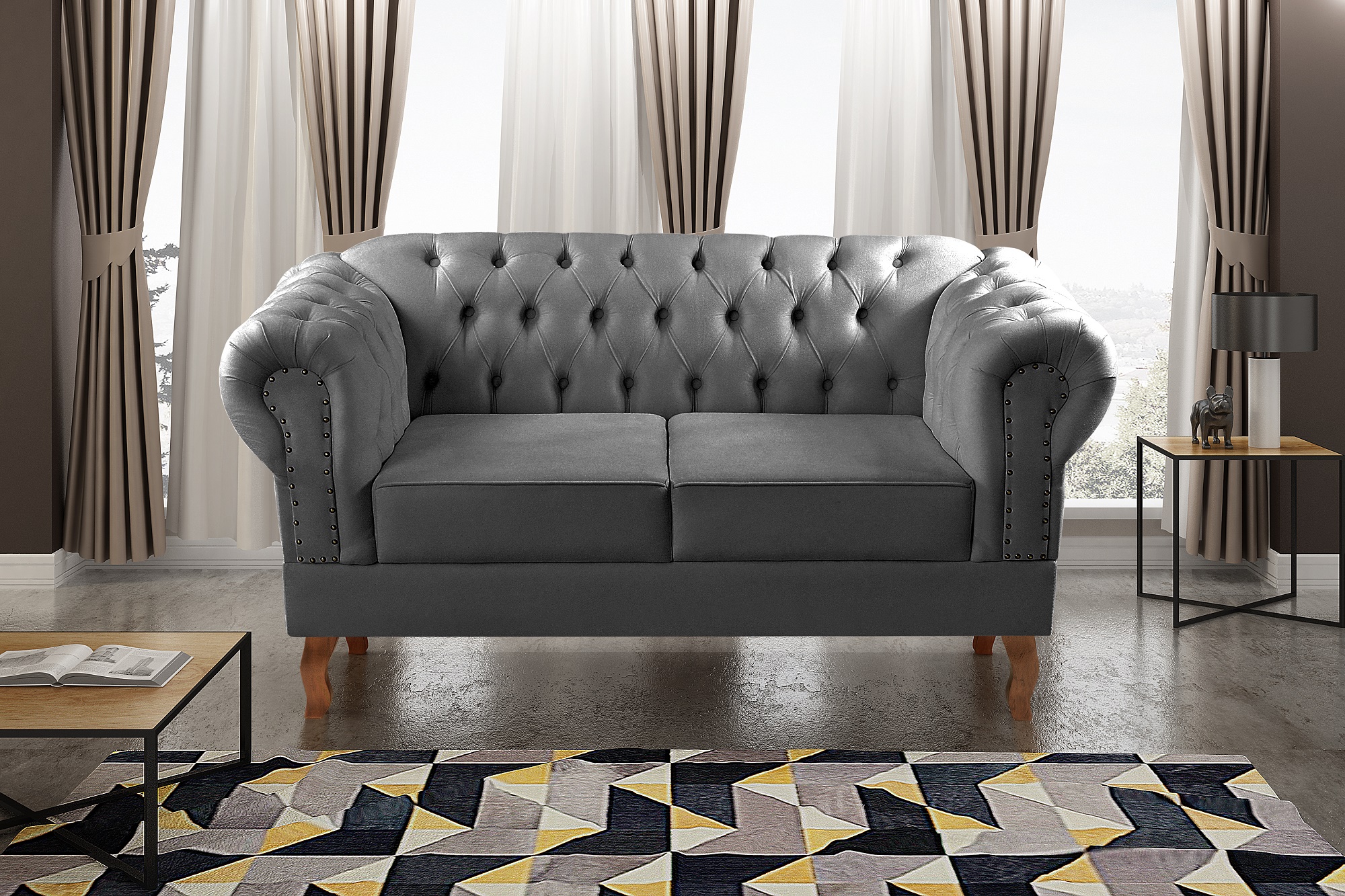 Sofá 2 Lugares Dom Pedro Chesterfield Capitonê Retrô - Suede Cinza
