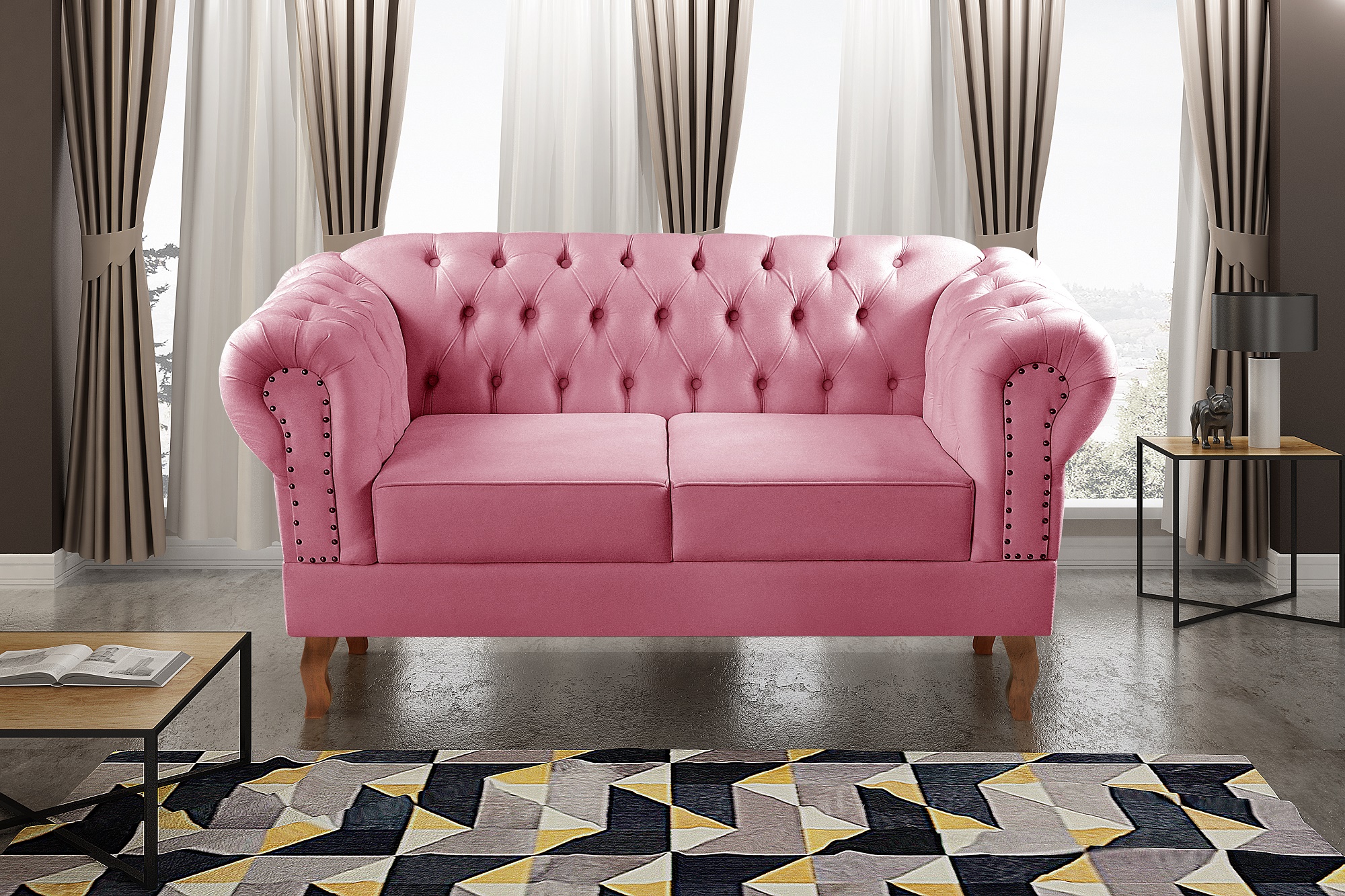 Sofá 2 Lugares Dom Pedro Chesterfield Capitonê Retrô - Suede Rosa