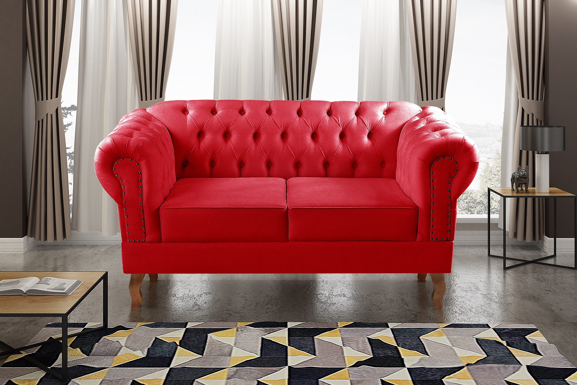 Sofá 2 Lugares Dom Pedro Chesterfield Capitonê Retrô - Suede Vermelho