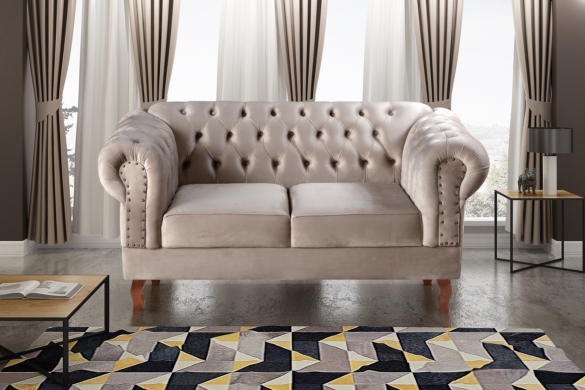 Sofá 2 Lugares Dom Pedro Chesterfield Capitonê Retrô - Veludo Capuccino