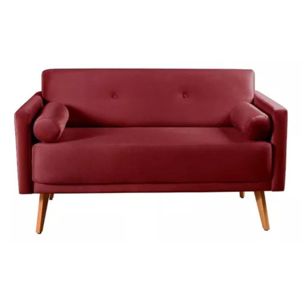 Sofá 2 Lugares Luma Suede Bordô com Pés em Madeira 1,40M