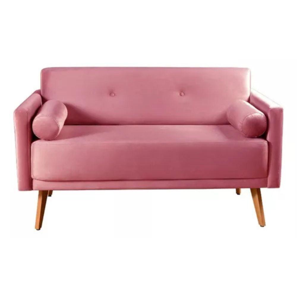 Sofá 2 Lugares Luma Suede Rosa com Pés em Madeira 1,40M
