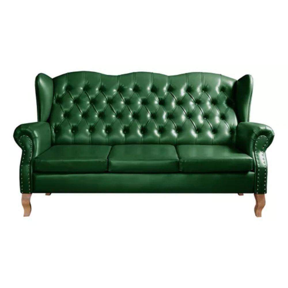 Sofá Chesterfield 3 Lugares Imperador Vintage Retrô Capitonê Couro Verde