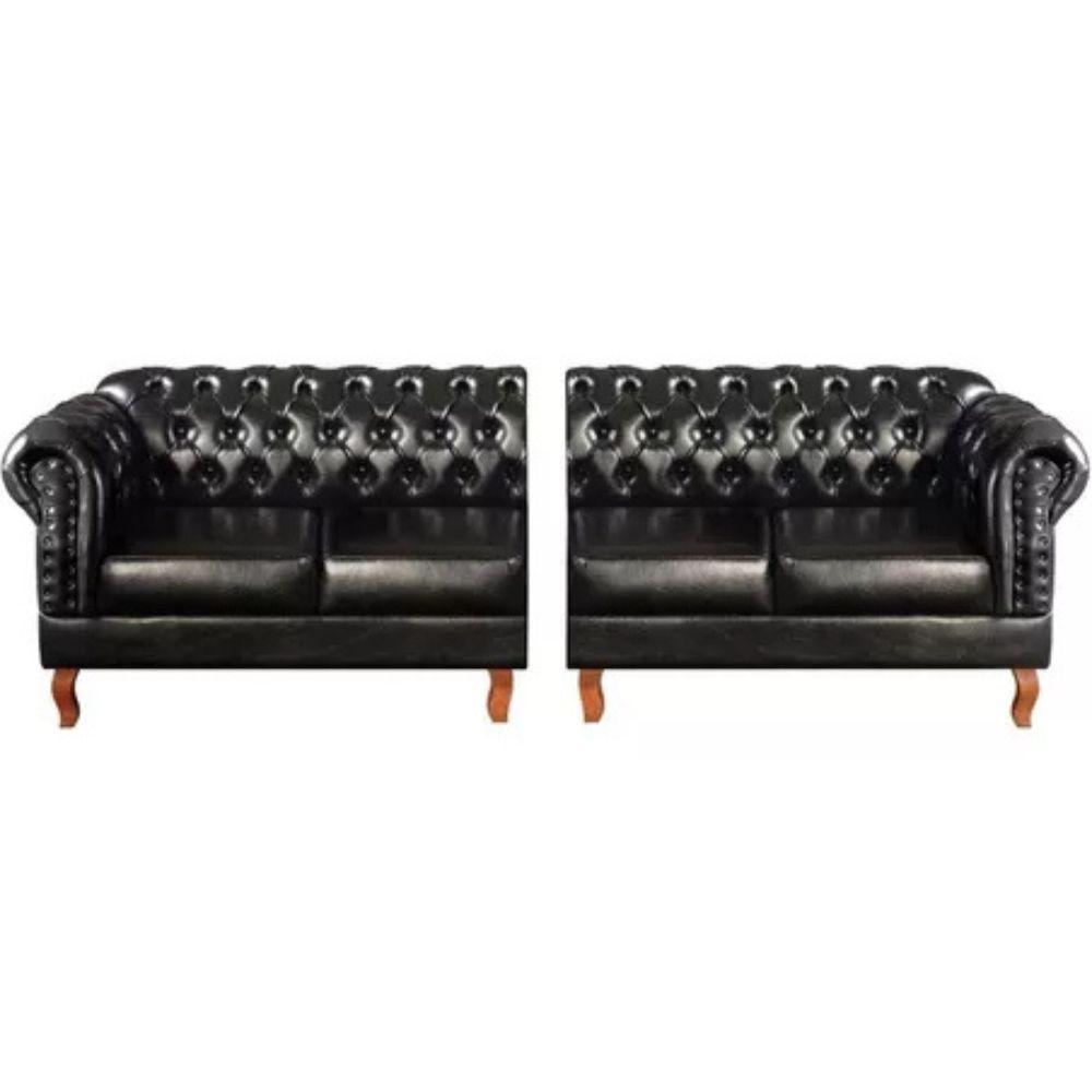 Sofá Chesterfield 4 Lugares Dom Pedro Vintage Retrô Capitonê Couro Preto