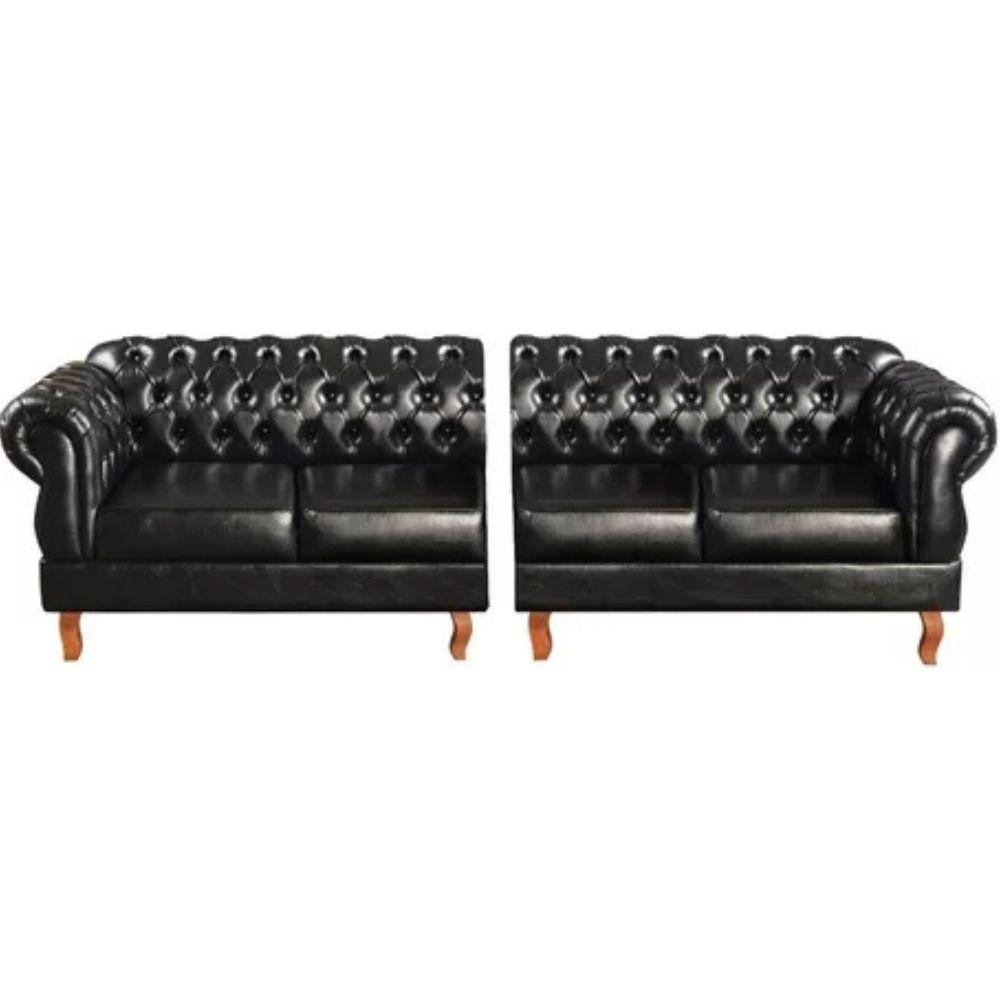 Sofá Chesterfield 4 Lugares Duquesa Vintage Retrô Capitonê Couro Preto