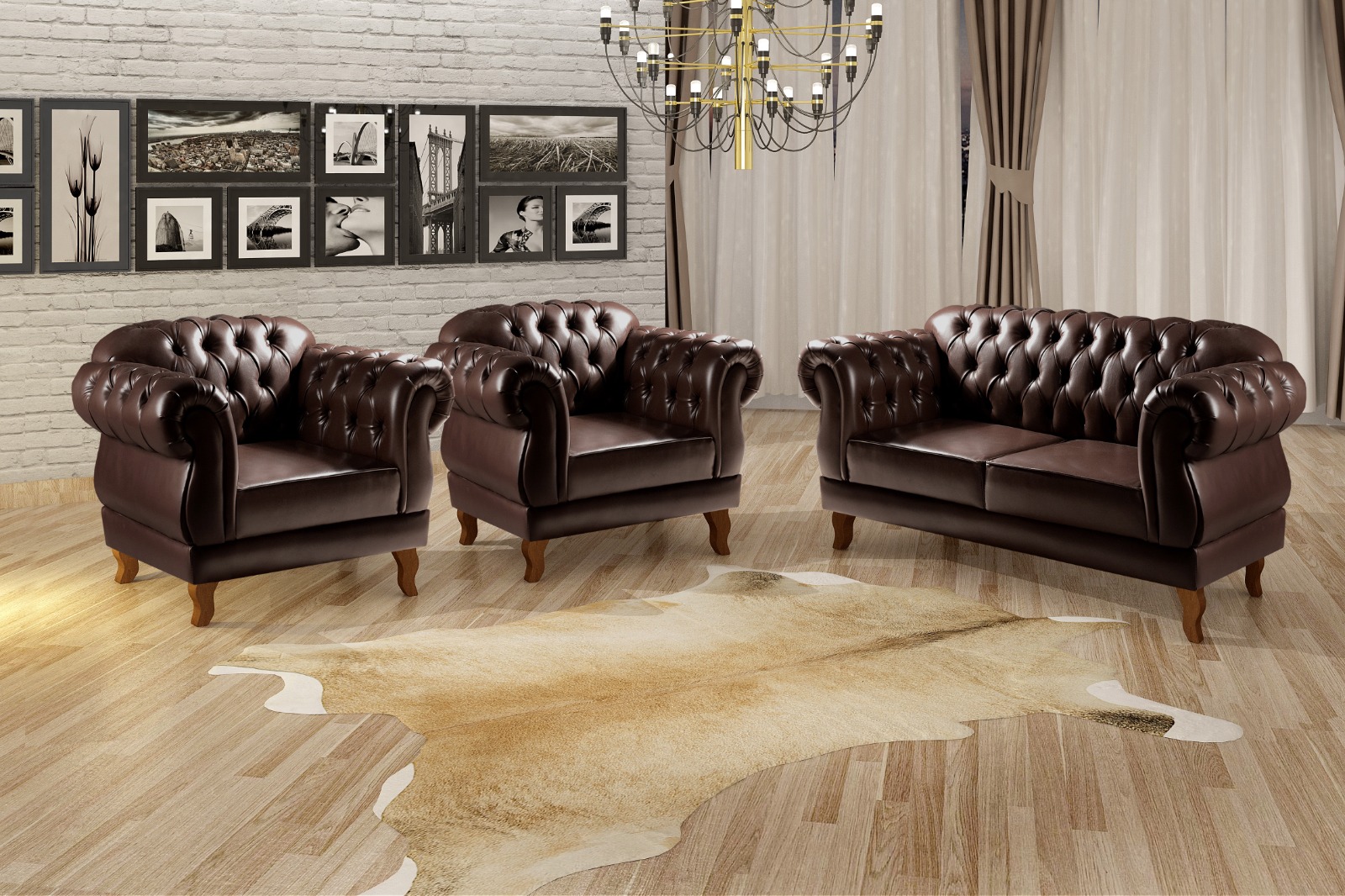 Sofá Chesterfield Capitonê 2 Lugares E 2 Poltronas Duquesa Para Sala Recepção - Couríssimo Café