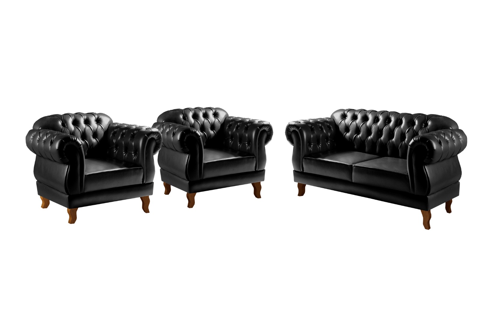 Sofá Chesterfield Capitonê 2 Lugares E 2 Poltronas Duquesa Para Sala Recepção - Couríssimo Preto