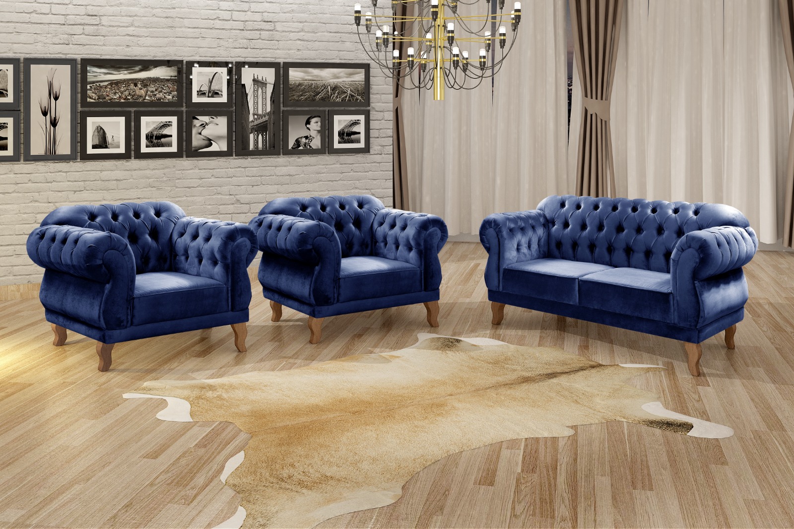 Sofá Chesterfield Capitonê 2 Lugares E 2 Poltronas Duquesa Para Sala Recepção - Suede Azul