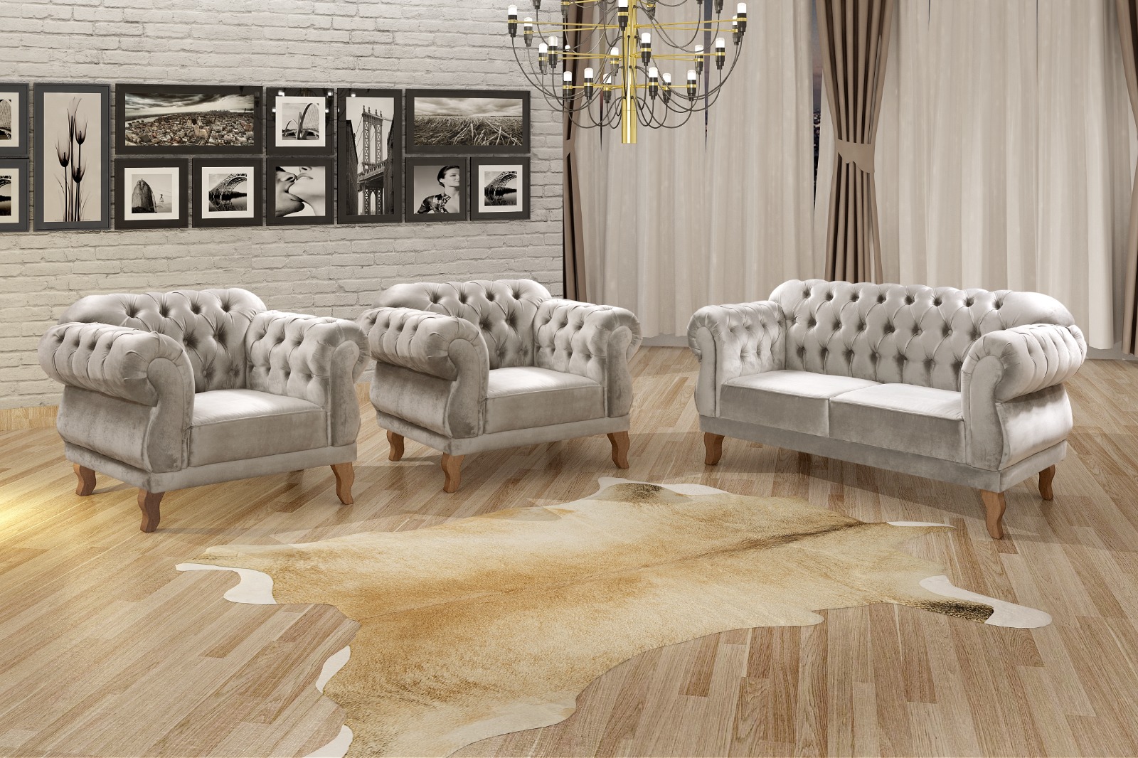 Sofá Chesterfield Capitonê 2 Lugares E 2 Poltronas Duquesa Para Sala Recepção - Suede Bege