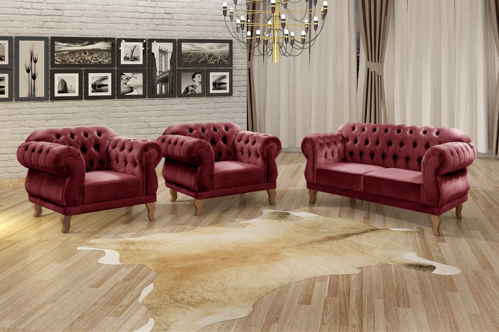 Sofá Chesterfield Capitonê 2 Lugares E 2 Poltronas Duquesa Para Sala Recepção - Suede Bordô