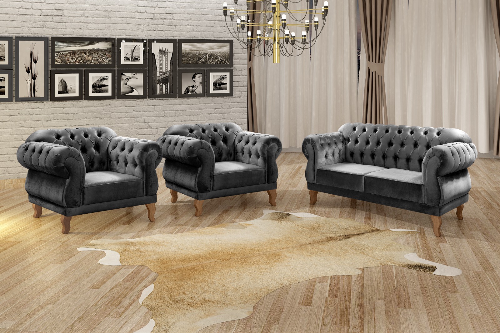 Sofá Chesterfield Capitonê 2 Lugares E 2 Poltronas Duquesa Para Sala Recepção - Suede Cinza