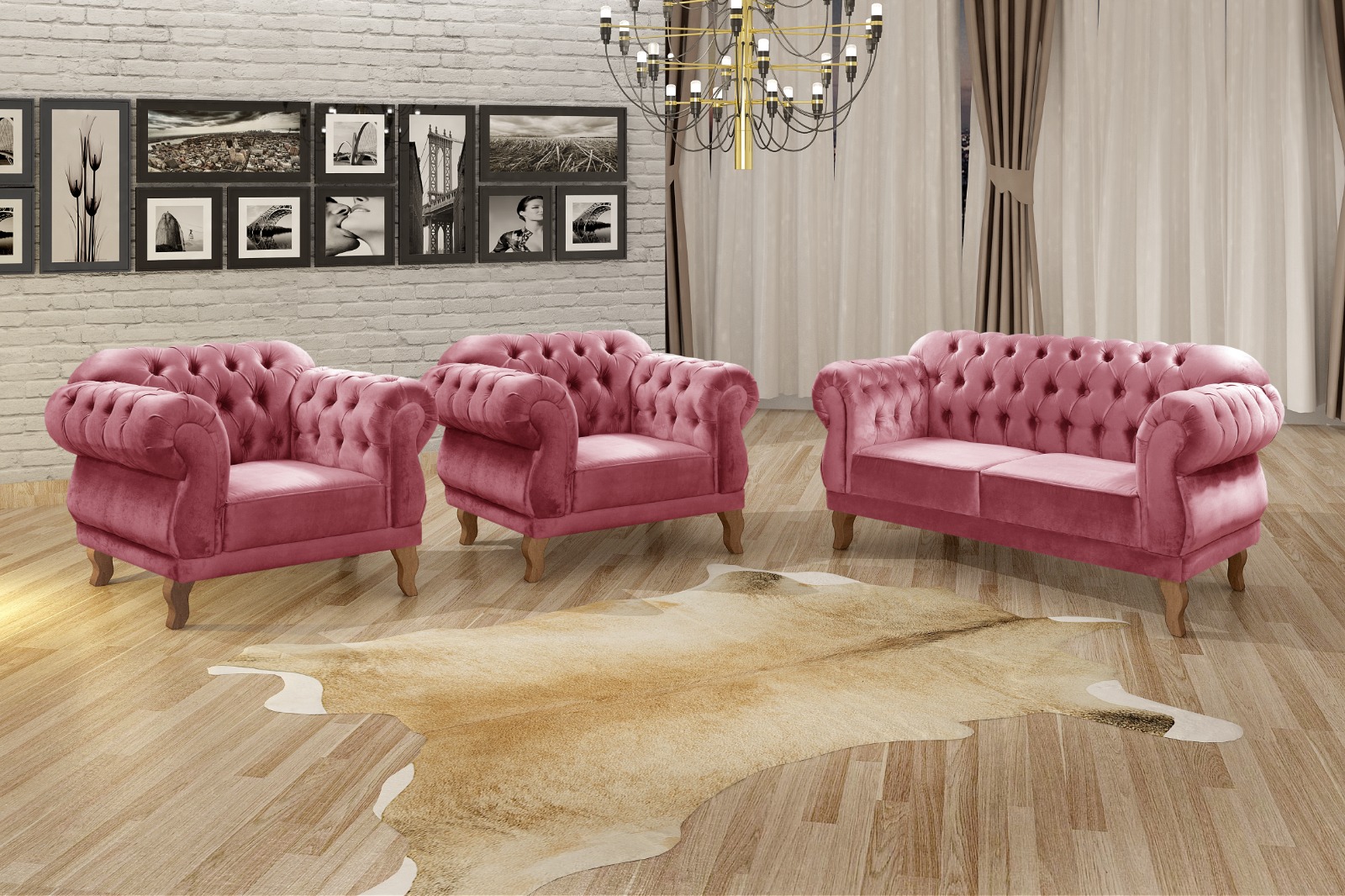 Sofá Chesterfield Capitonê 2 Lugares E 2 Poltronas Duquesa Para Sala Recepção - Suede Rosa